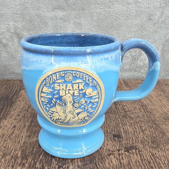 Bones Coffee Company Shark Bite Mug Blue Handmade USA Deneen Pottery 2021 Rare - Picture 5 of 11